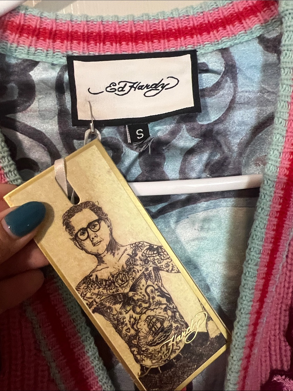Ed Hardy Pink and Aqua Striped Knit Cardigan - Picture 2 of 13
